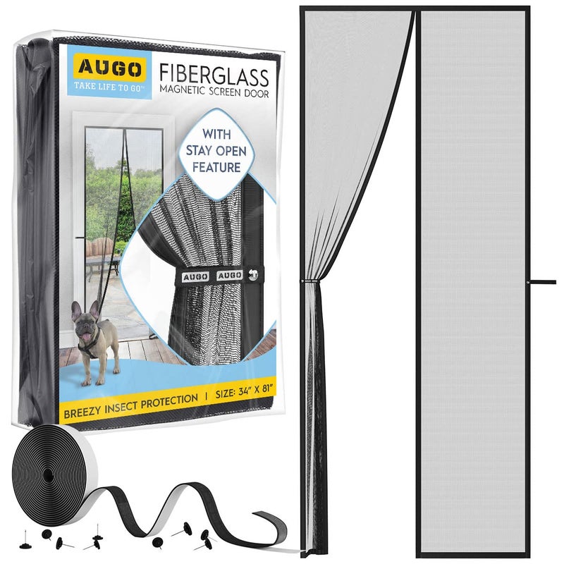 AUGO Magnetic Fiberglass Screen Door - Self Sealing  Heavy Duty  Hands Free Mesh Partition Keeps Bugs Out - Door Screen Magnetic Closure - Patent Pending Keep Open Feature - 34 Inch x 81 Inch - Image 1